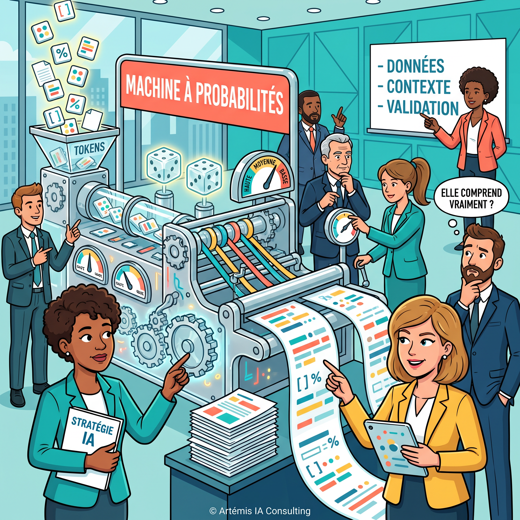 Illustration éditoriale sur l'intelligence artificielle comme machine à probabilités