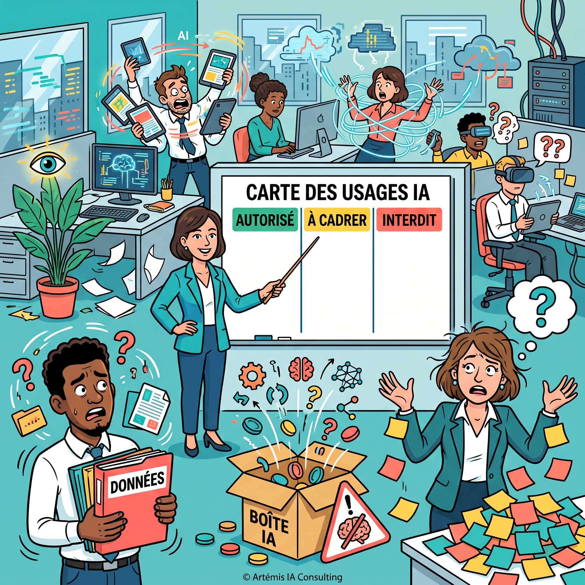 Illustration editoriale sur la gouvernance IA et l'AI Act 2026 en PME