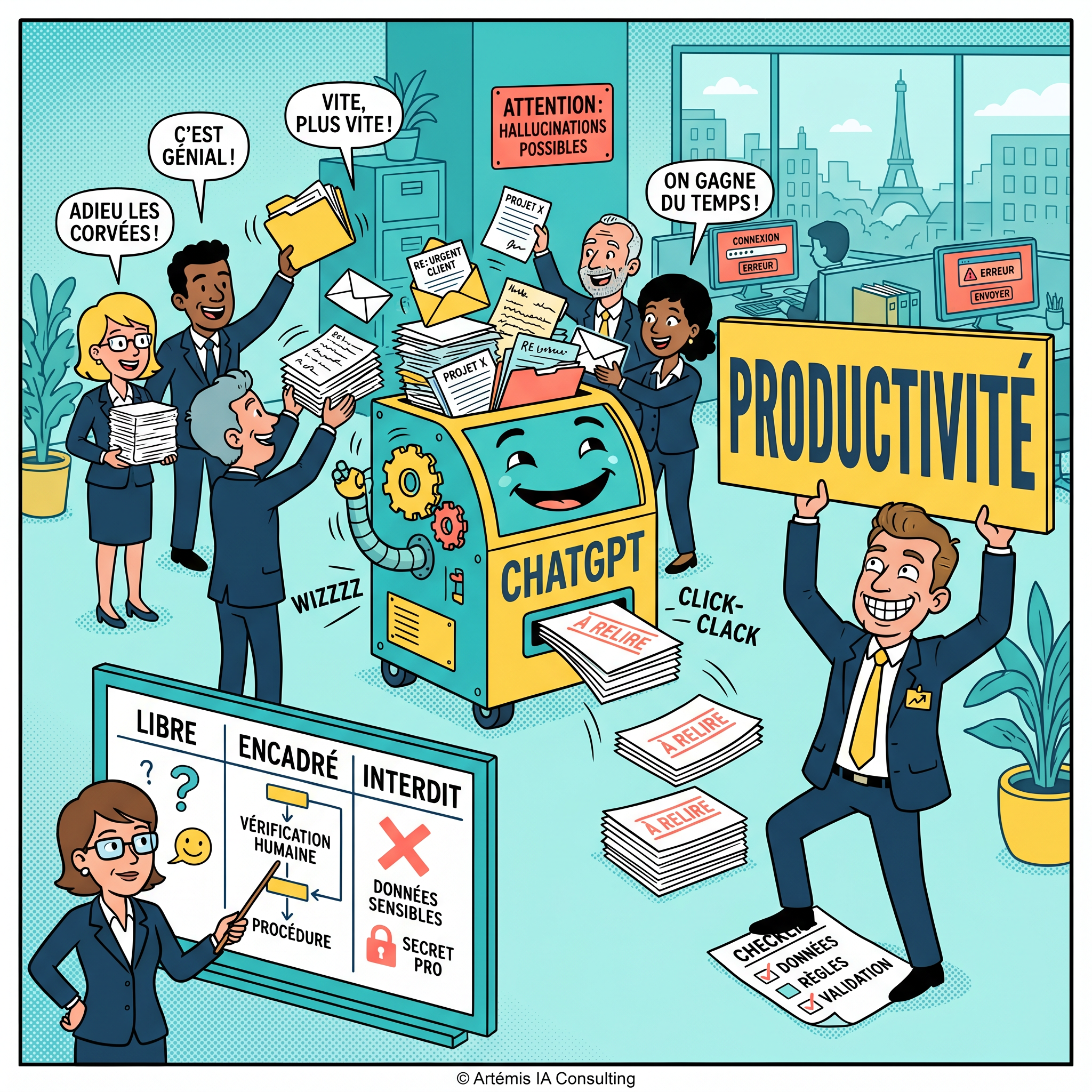 Illustration satirique sur l'utilisation de ChatGPT en entreprise sans cadre clair