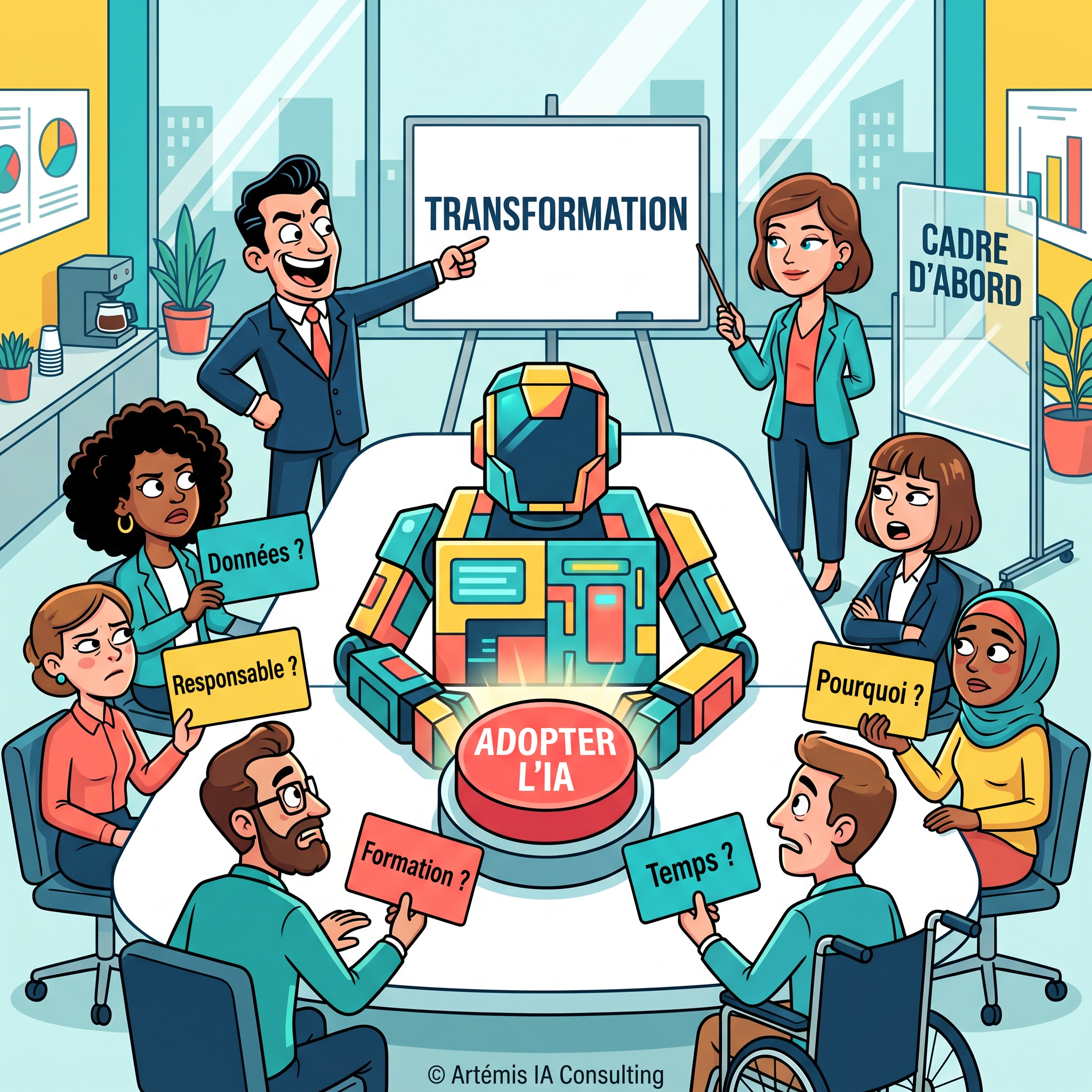 Illustration editoriale sur la conduite du changement IA en entreprise