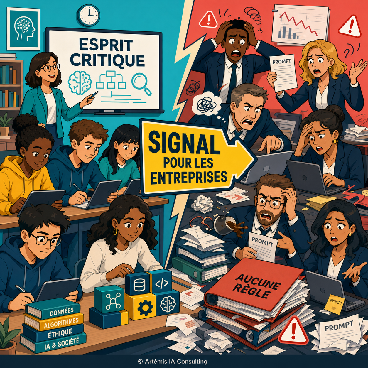 Illustration éditoriale sur l'enseignement de l'IA au lycée comme signal pour les entreprises